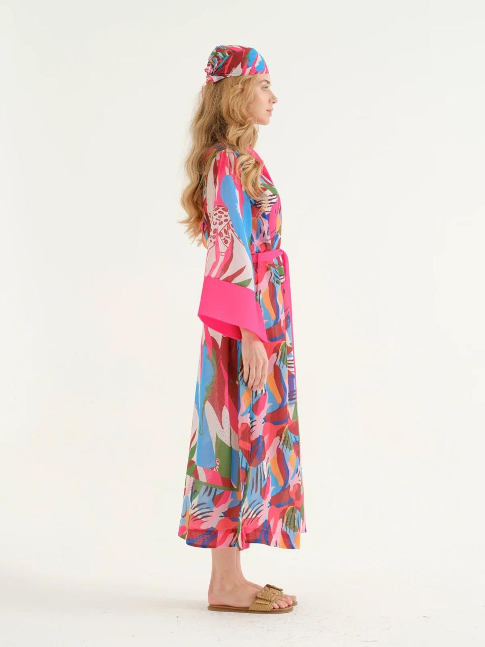 Deniz Pink mixed pattern Kimono + Bandana