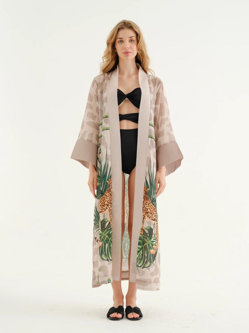 Deniz Beige Leopard Pattern kimono + Bandana