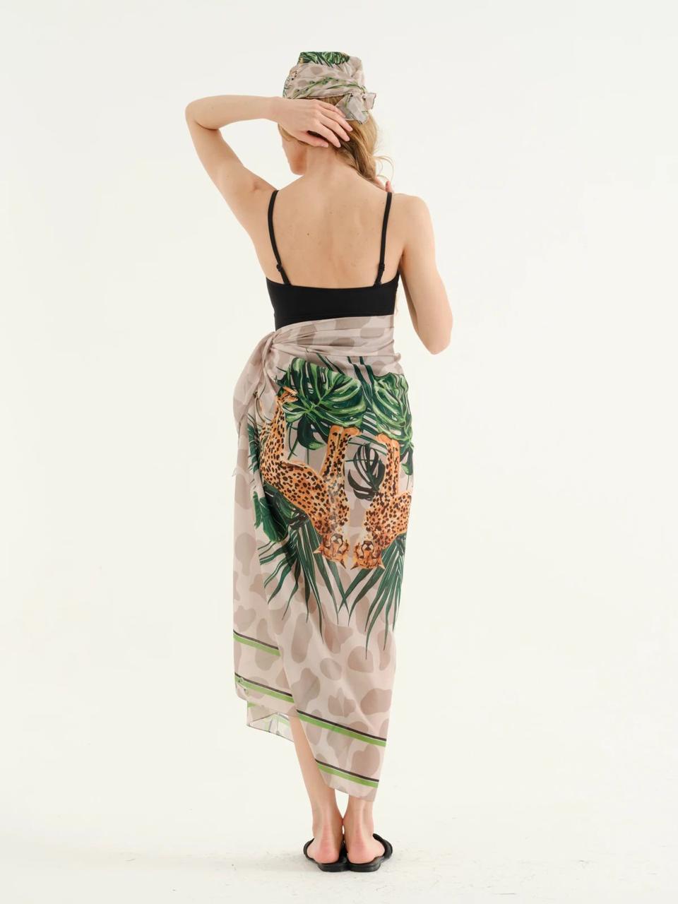 Deniz Beige Leopard pattern Pareo + Bandana