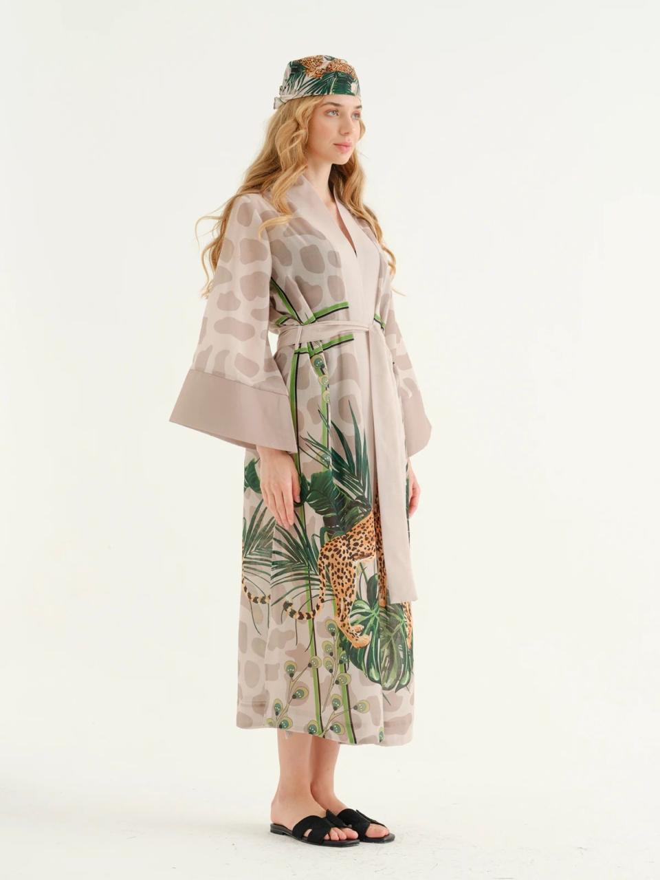 Deniz Beige Leopard Pattern kimono + Bandana