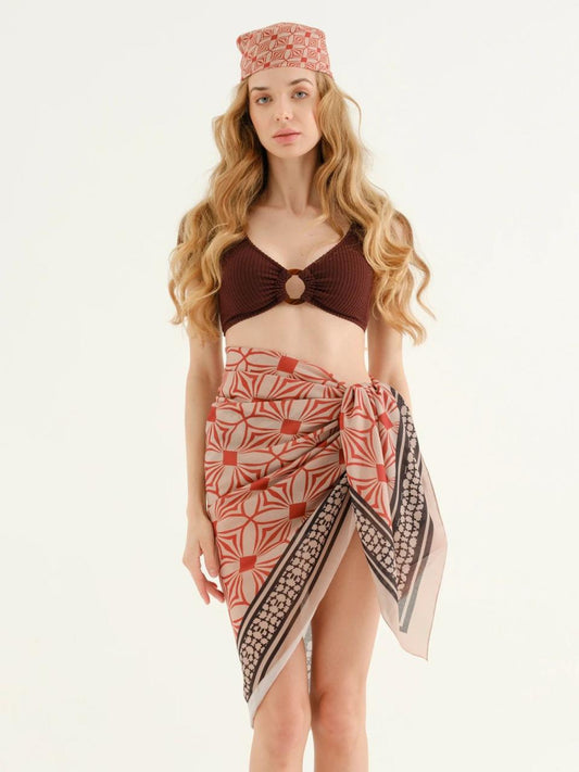 Deniz Orange-beige classic pattern Pareo + Bandana