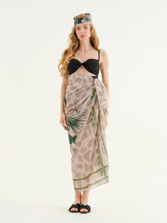 Deniz Beige Leopard pattern Pareo + Bandana