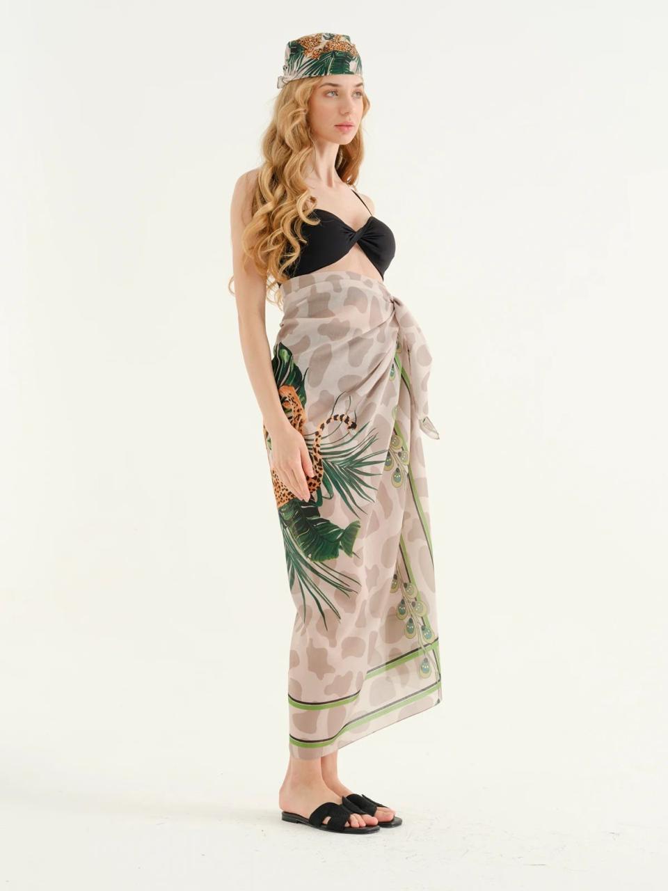 Deniz Beige Leopard pattern Pareo + Bandana